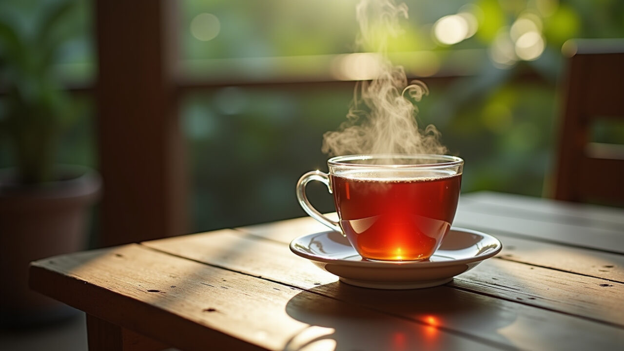 A cup of passion fruit leaf tea on a rustic wooden table, natural light, steam rising, Brazilian Xícara de chá de folha de maracujá fumegante.