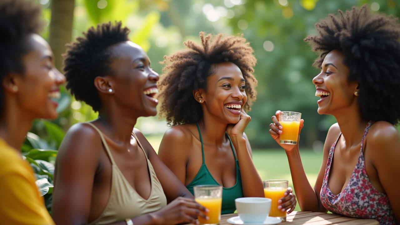 A diverse group of friends enjoying mango leaf tea outdoors, laughing, in a vibrant Brazilian Amigos bebendo chá de folha de manga.