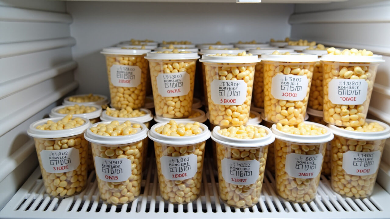 A freezer showcasing neatly organized containers of frozen feijão, labeled with dates. 8K quality, Feijão congelado no freezer