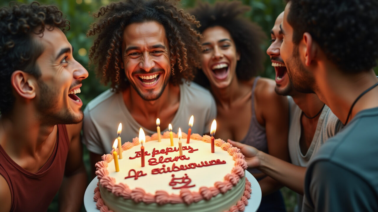 A funny Brazilian man receiving a birthday cake with a joke written on it, friends laughing. Amigo engraçado recebendo bolo de aniversário.