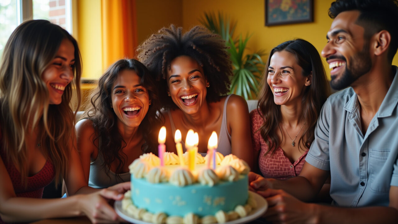 A group of diverse Brazilian friends laughing and celebrating a birthday in a vibrant, colorful Amigos brasileiros celebrando aniversário com alegria.