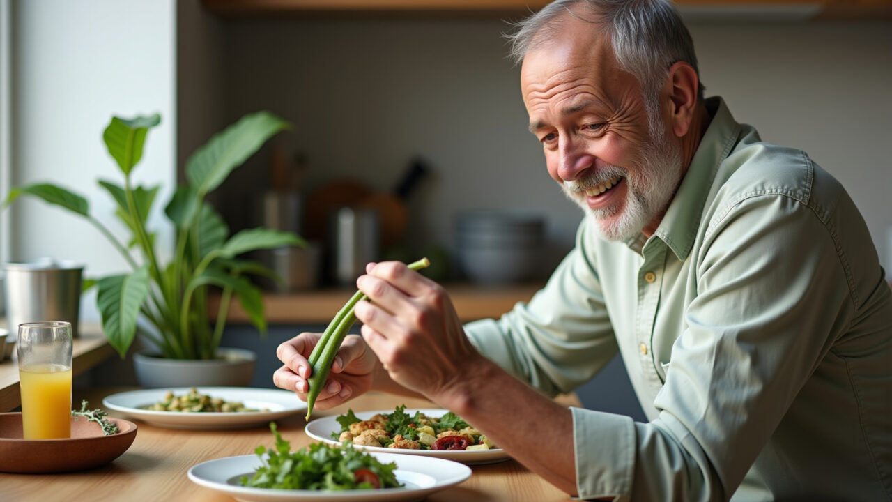 A man in his 50s with diabetes eating okra, healthy meal, natural light. Lifestyle photography, 8K Diabético comendo quiabo para saúde.