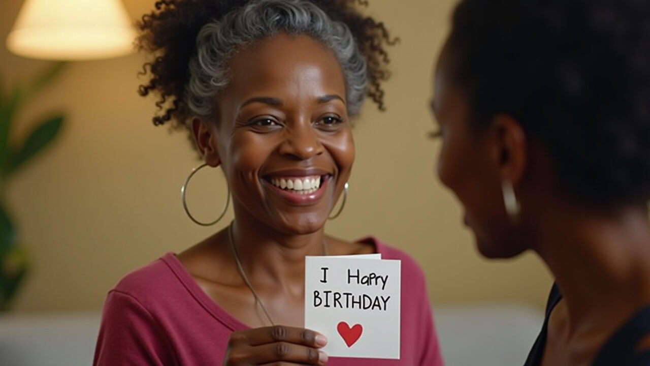 A mature woman receiving a birthday card with a short, respectful message. Warm lighting, Brazilian Mulher mais velha recebendo cartão de aniversário com frase respeitosa.
