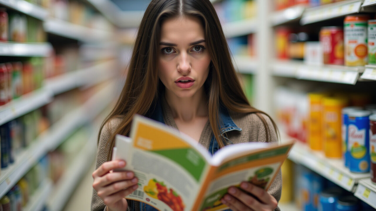 A person looking anxious while reading food labels with artificial colors and preservatives. Pessoa ansiosa lendo rótulos com corantes e conservantes.