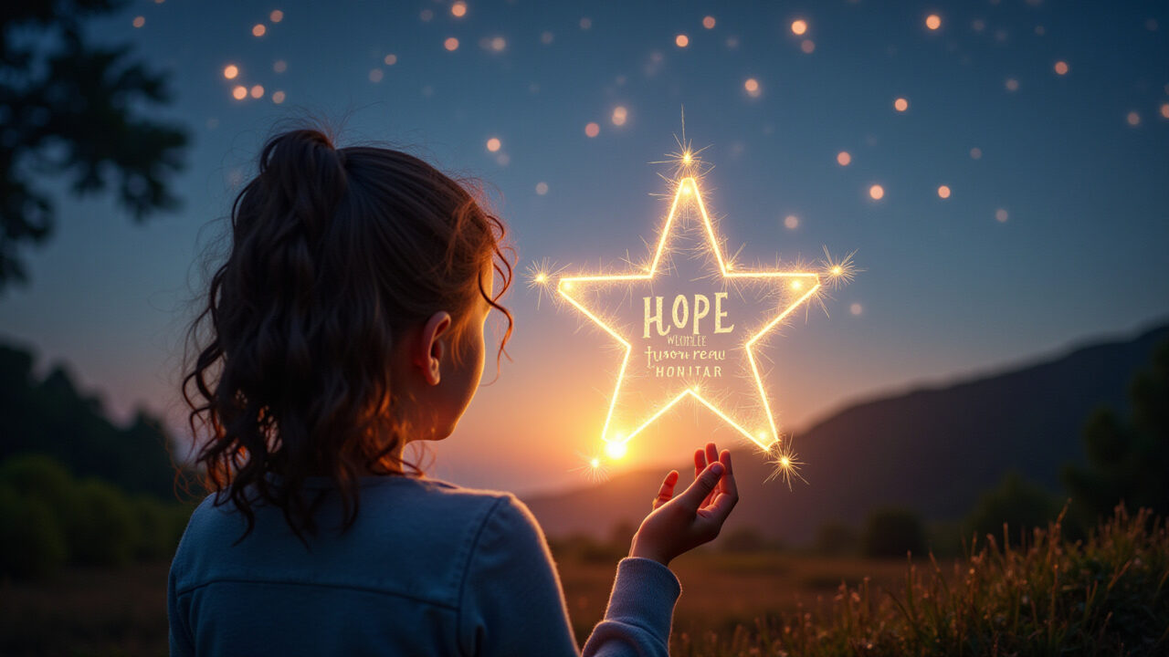 A person looking at a Christmas star with hope, inspirational quote overlay, natural lighting, Pessoa olhando para estrela de Natal com esperança e frase inspiradora.