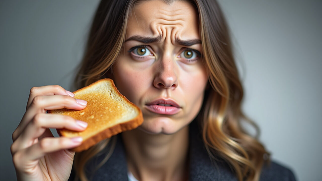 A person looking confused and anxious while holding a slice of bread. Professional photography, 8K Pessoa confusa e ansiosa segurando pão.