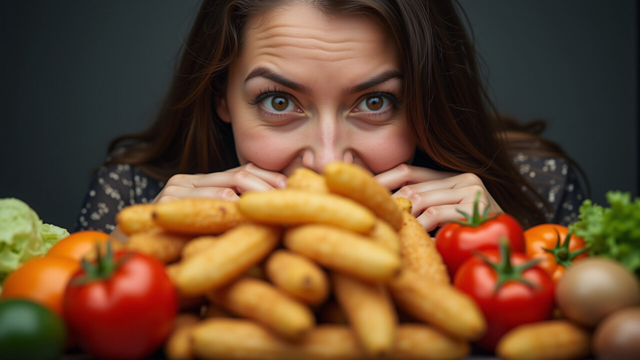 A person looking overwhelmed by a pile of ultra-processed foods. Professional photography, 8K Pessoa sobrecarregada por pilha de ultraprocessados.