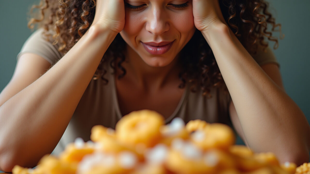 A person looking stressed while surrounded by salty snacks. Professional photography, 8K quality, Pessoa estressada cercada por salgadinhos.