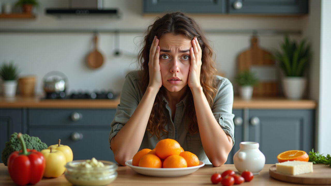 A person looking stressed while surrounded by various processed foods in a modern Brazilian Pessoa estressada cercada por alimentos processados.