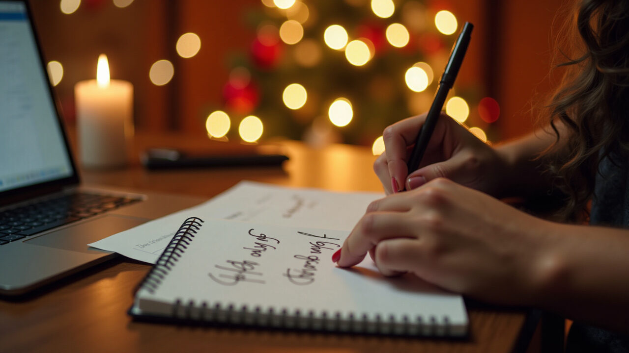 A person writing a thank you note during Christmas, gratitude message, festive setting, Brazilian Pessoa escrevendo mensagem de agradecimento no Natal em mesa decorada.