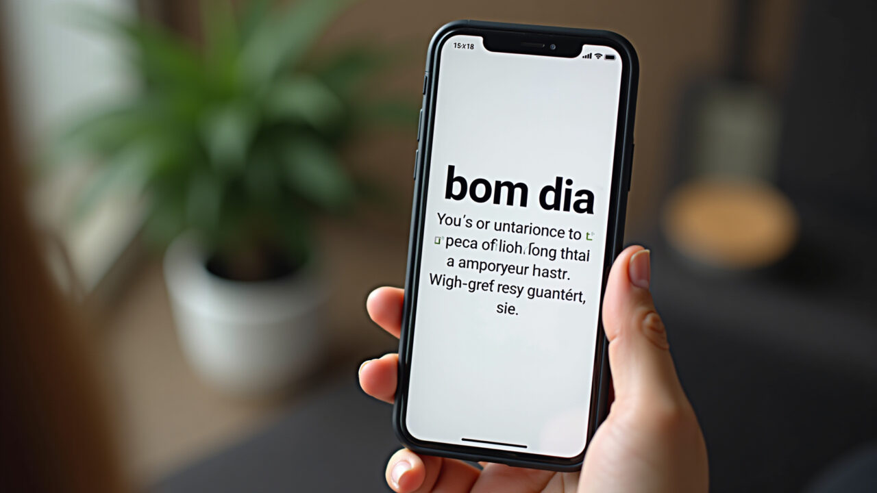 A phone displaying a 'bom dia' message with an inspiring quote on a WhatsApp status. Natural light, Status do WhatsApp com frase linda de bom dia.