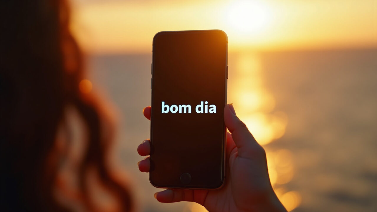 A phone displaying a short and impactful 'bom dia' message with a sunrise background. Natural Mensagem curta de bom dia com fundo de nascer do sol.