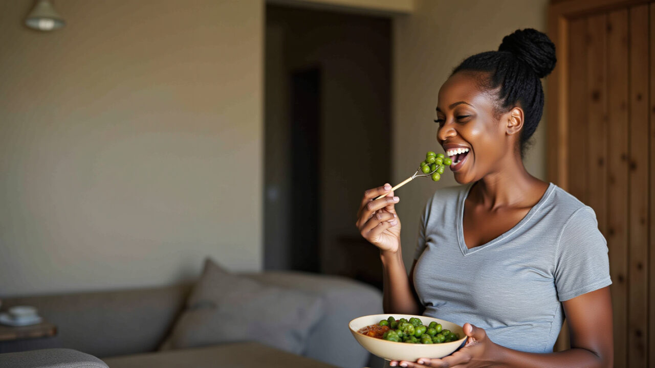 A pregnant woman in her 30s eating a bowl of okra stew, smiling, natural light. Lifestyle Grávida comendo quiabo para intestino.
