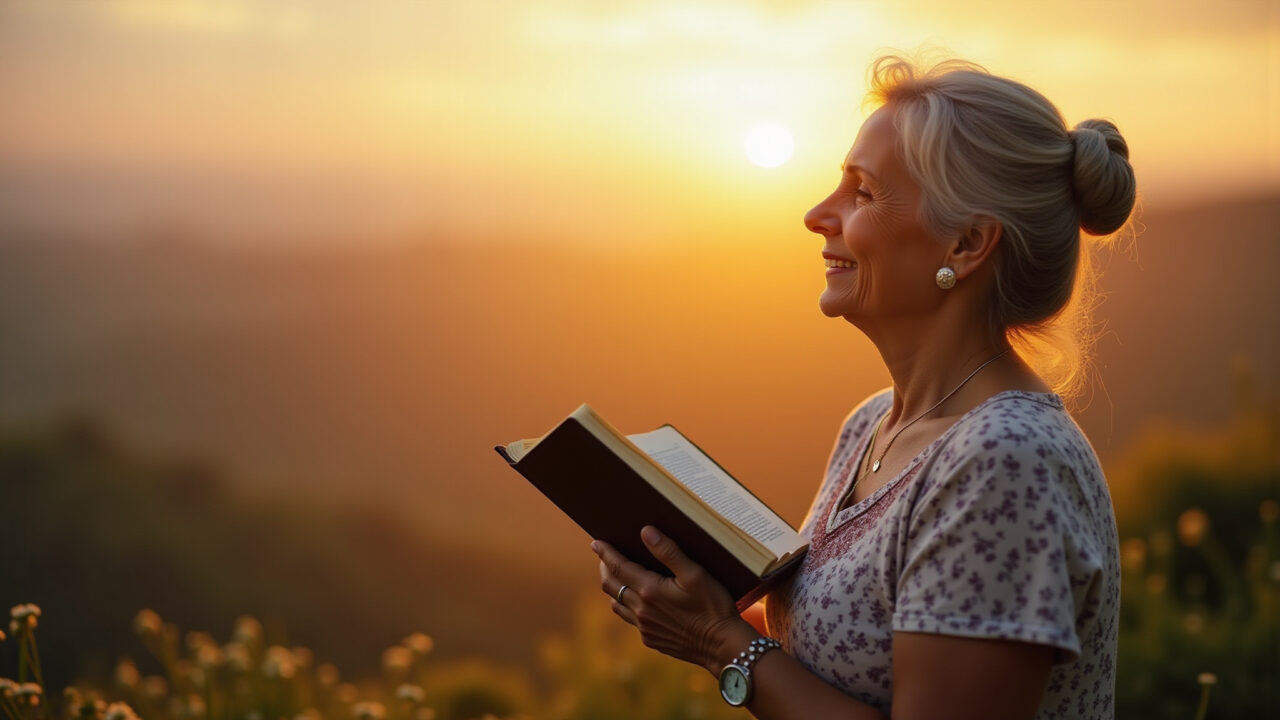 A serene woman in her 50s, looking at the sunrise, with a bible in her hands. Soft light, faith, 8k Mulher com bíblia ao nascer do sol, frase de bom dia com Deus.