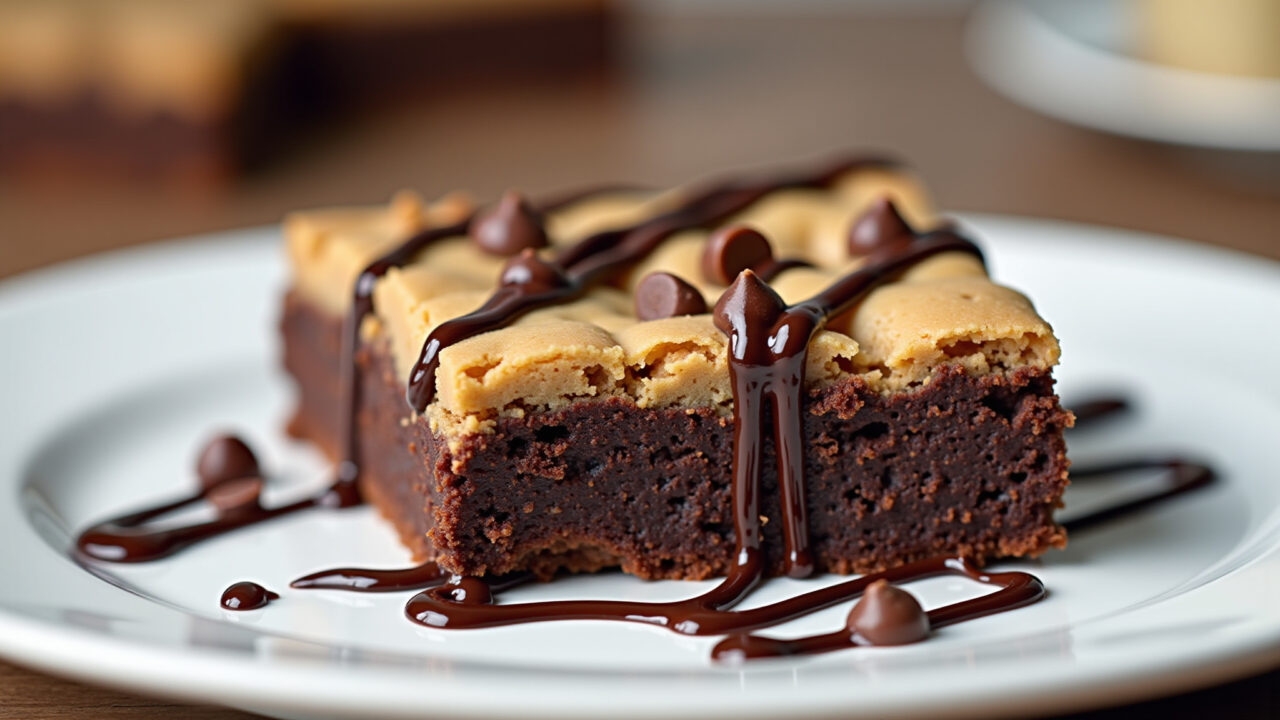 A slice of moist whey protein cookie brownie on a plate, chocolate chips visible, dark chocolate Brownie proteico de whey de cookies