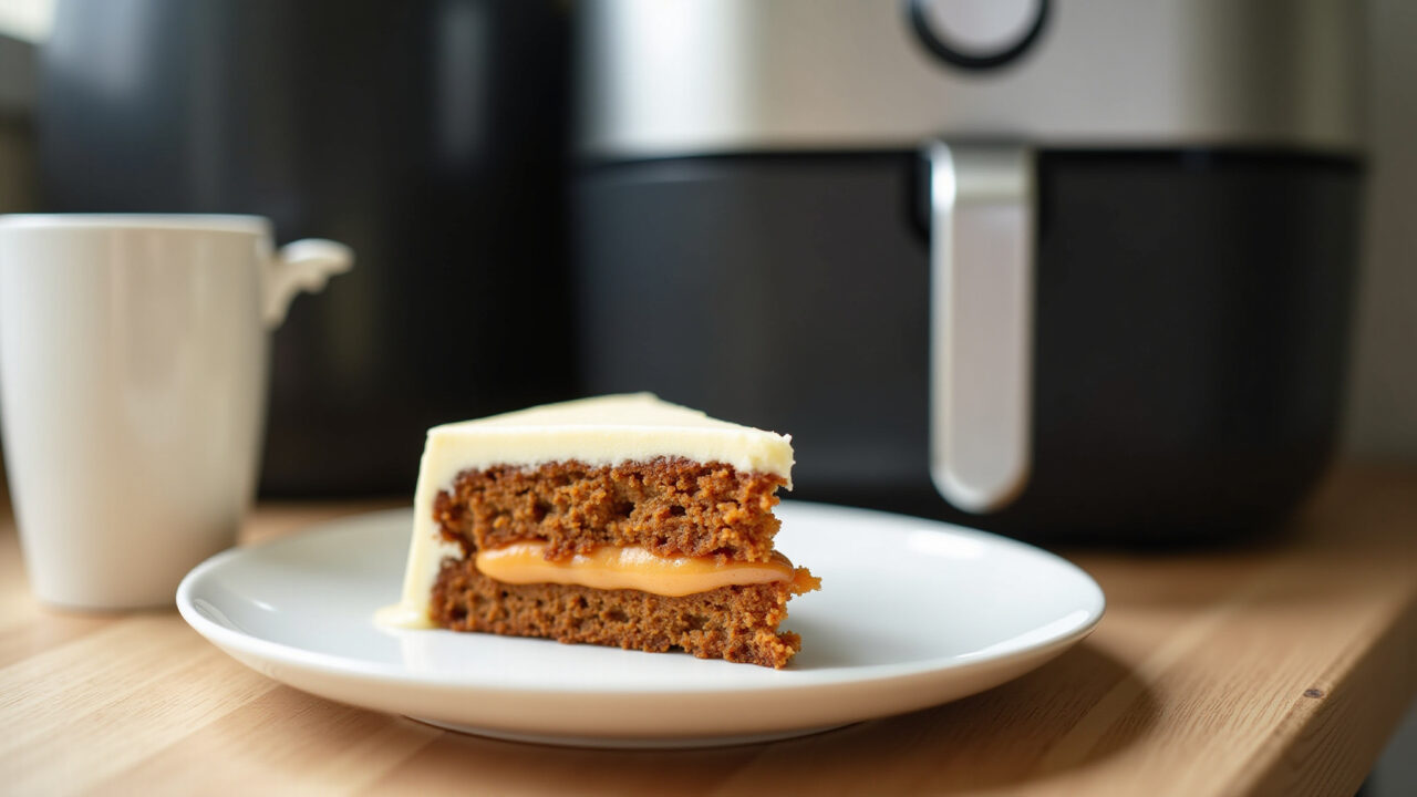 A slice of sugar-free carrot cake for babies, with apple puree, on a plate, next to an air fryer, Fatia de bolo de cenoura sem açúcar para bebê.