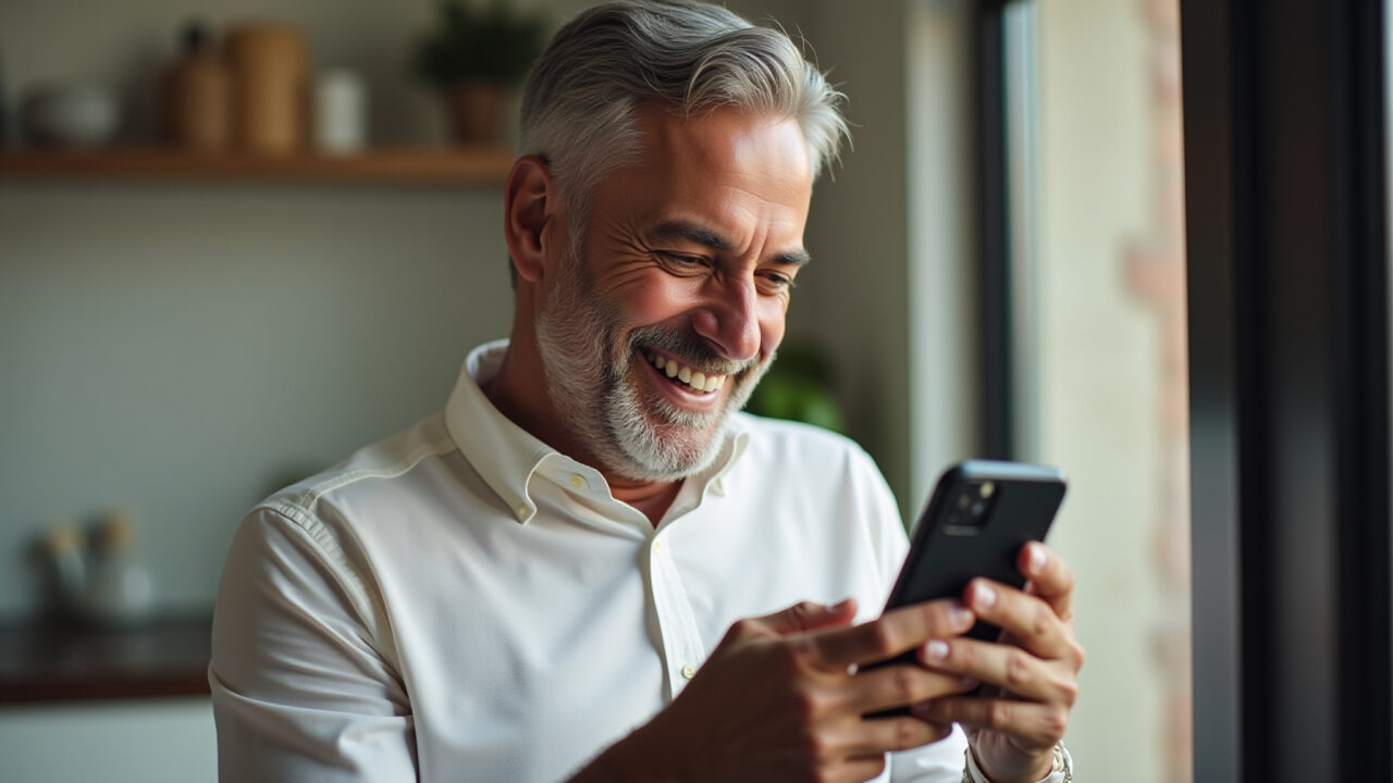 A smiling man in his 40s laughing while reading a funny 'bom dia' message on his phone. Natural Homem rindo com frase engraçada de bom dia no celular.