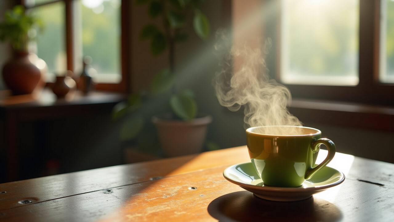 A steaming cup of green tea on a rustic wooden table, sunlight streaming through a window, Xícara de chá verde fumegante para reduzir a retenção de líquidos.