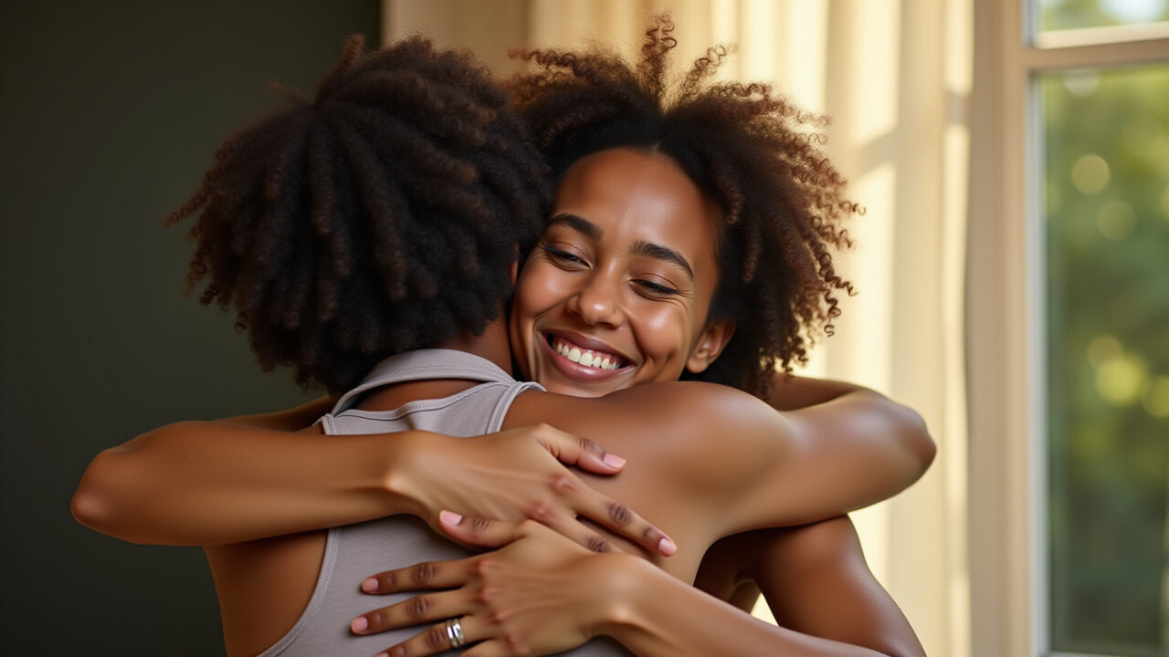 A supportive Brazilian friend comforting another friend who is sad, offering a hug. Warm colors, Amigo apoiando amigo em momento difícil.