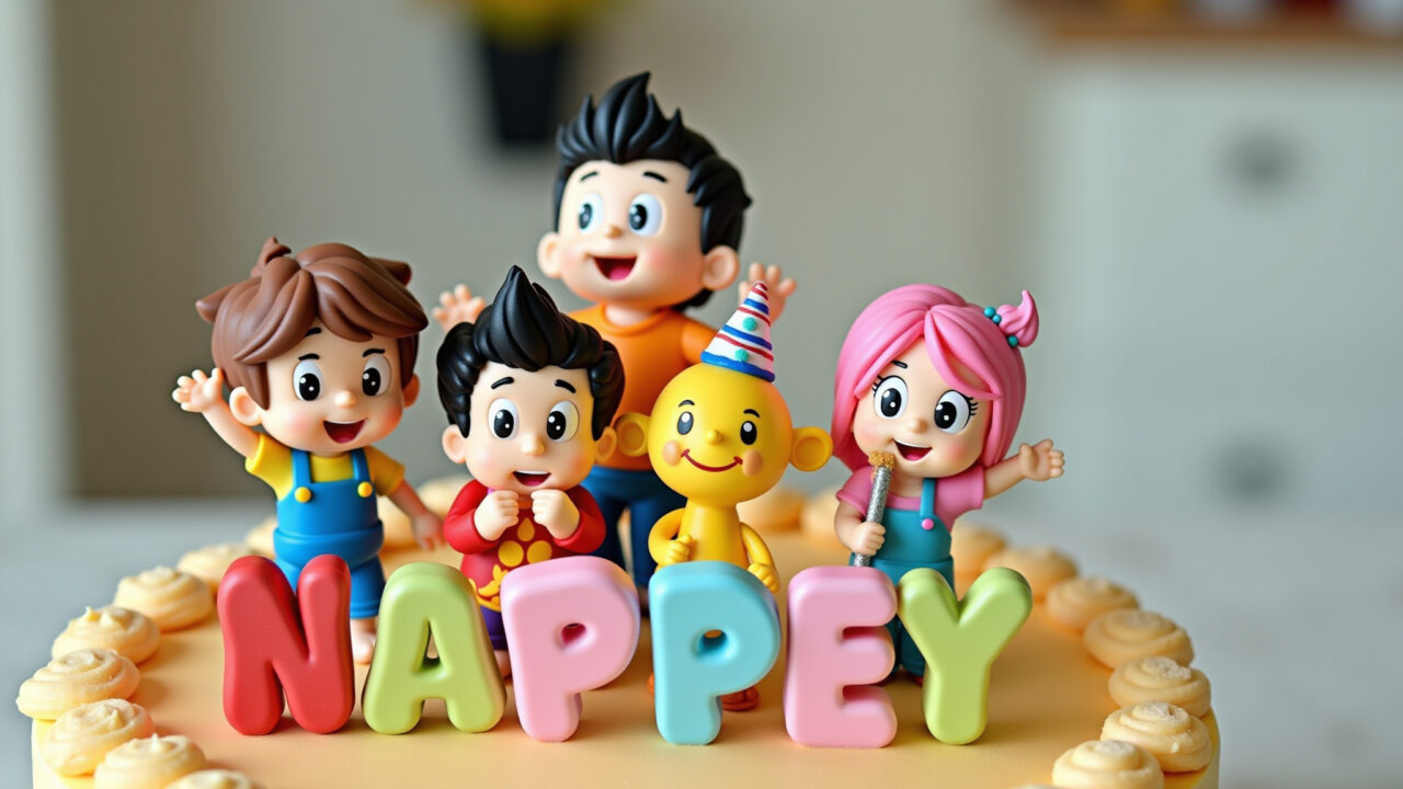 A themed cake topper featuring cartoon characters on a colorful birthday cake, professional Topper temático infantil da Patrulha Canina.