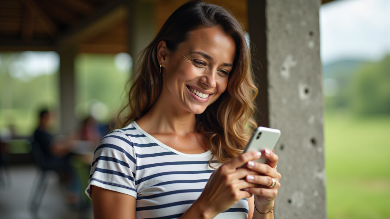 A vibrant Brazilian woman in her 30s smiles while holding her phone, displaying a 'bom dia' Mulher sorrindo com frase de bom dia no celular.