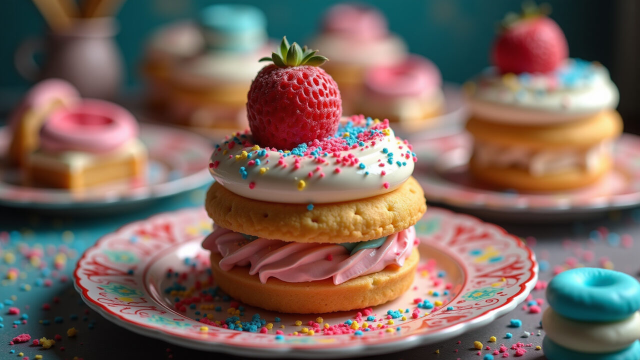 A vibrant, colorful dessert table laden with sugary treats, but with a slightly unsettling or Mesa de doces coloridos com sensação de ansiedade.