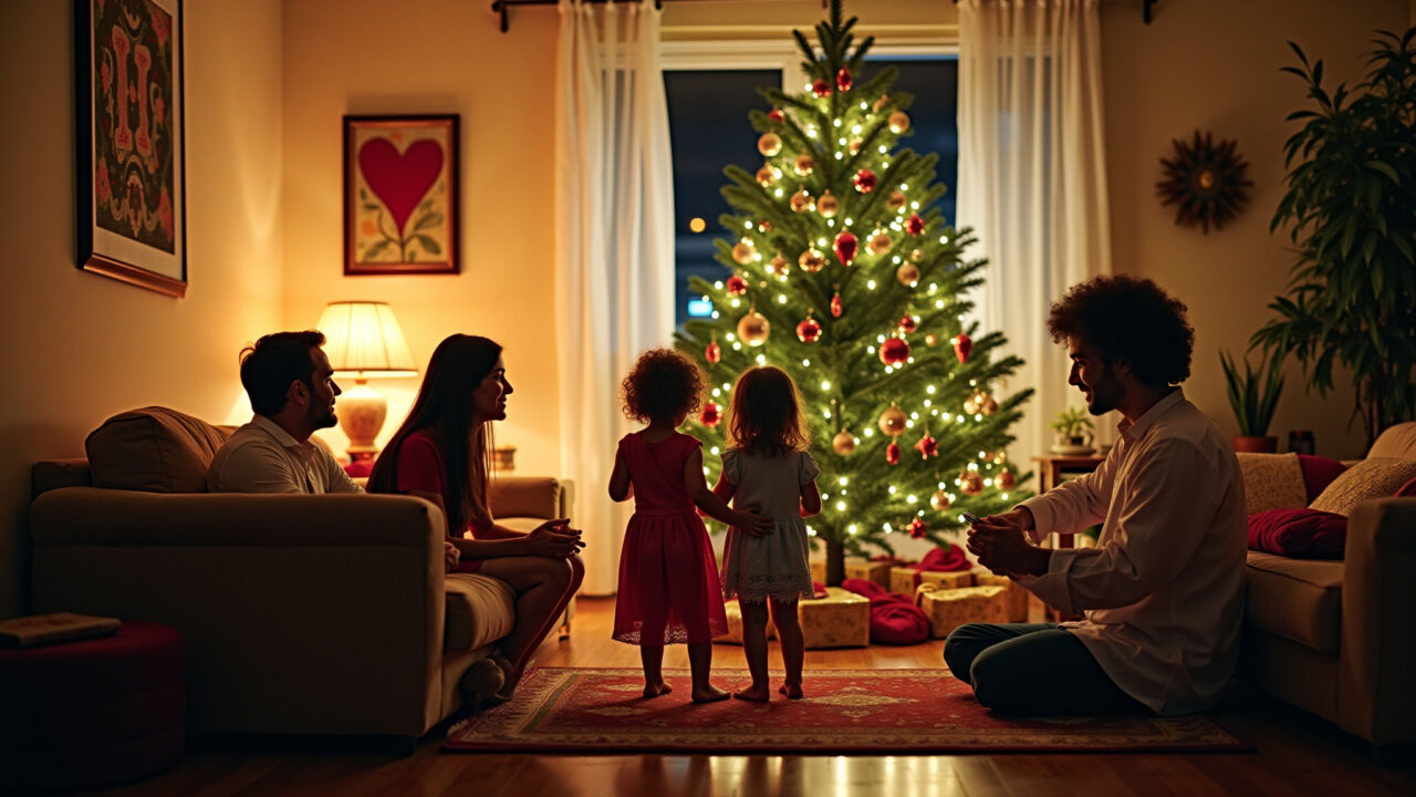 A warmly lit Brazilian living room, Christmas tree adorned with colorful ornaments, a diverse Família brasileira reunida trocando mensagens de Natal em sala decorada.