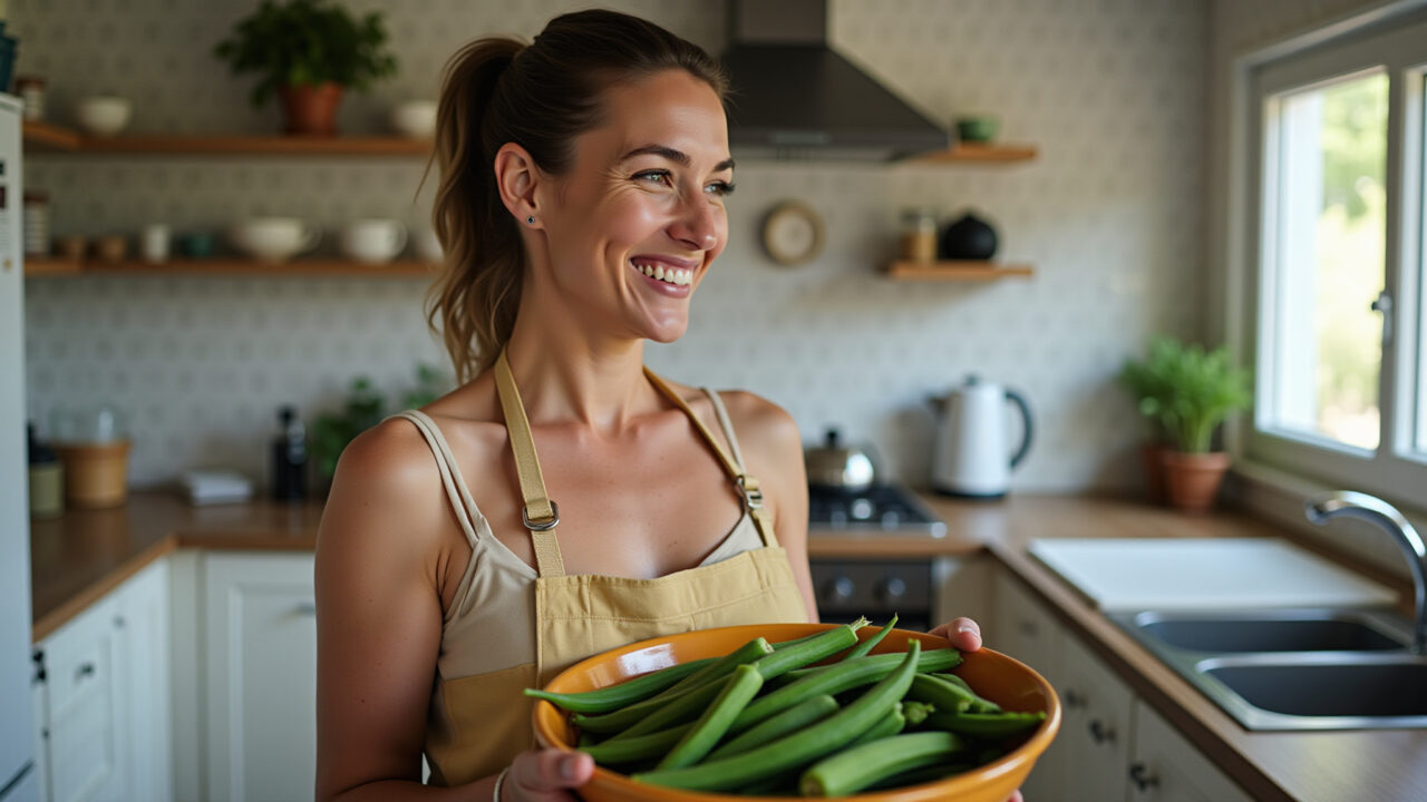A woman in her 30s smiling and holding a bowl of okra, natural light, Brazilian style kitchen. Mulher sorrindo com tigela de quiabo.