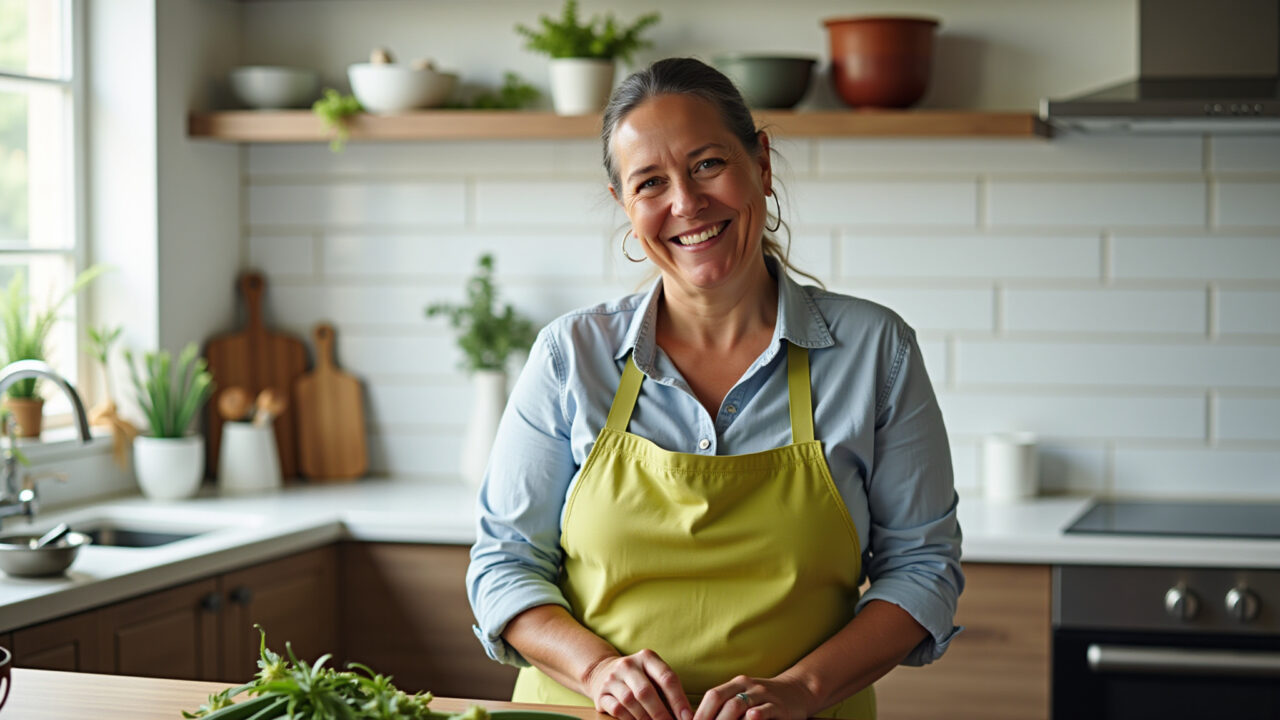 A woman in her 40s, smiling, preparing okra in a bright, modern Brazilian kitchen. Lifestyle Mulher preparando quiabo em cozinha brasileira.