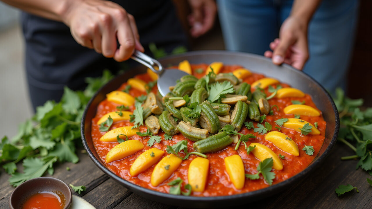 Acarajé being prepared with okra, street food in Bahia, Brazil, vibrant colors, professional Acarajé sendo preparado com quiabo na Bahia.