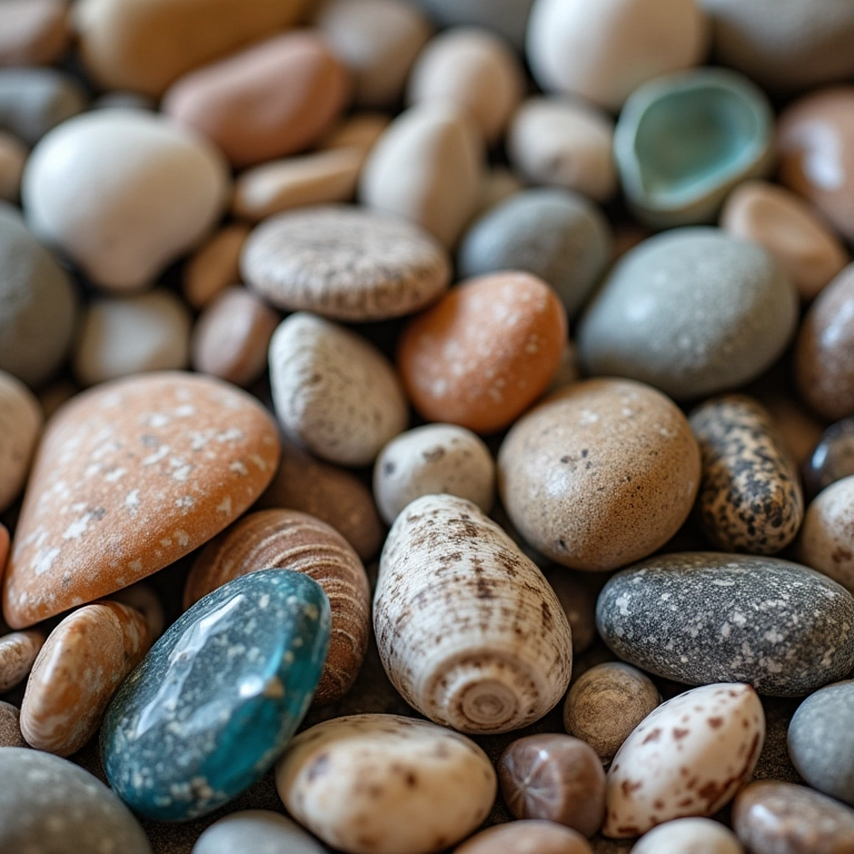 Acessórios decorativos para vela infinita: pedras, conchas e contas.