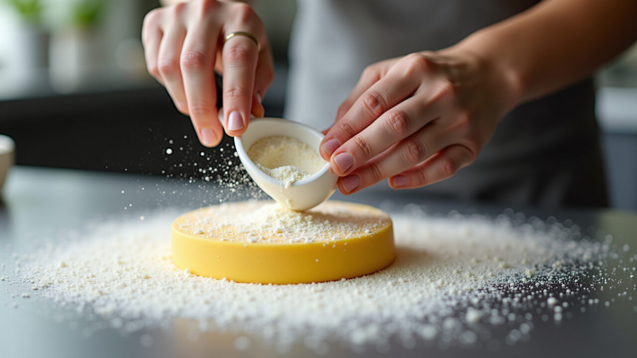 Adding cornstarch to sticky fondant, professional photography, 8K quality, sharp focus, natural Corrigindo pasta americana mole.