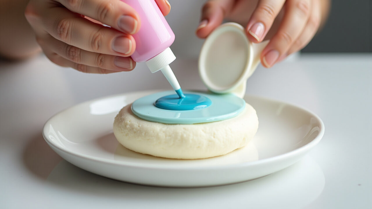 Adding drop of gel food coloring to white fondant, professional photography, 8K quality, sharp Adicionando corante em gel à pasta americana.