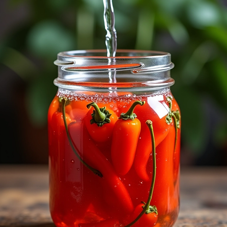 Adicionando água à mistura de pimentas para fermentação.