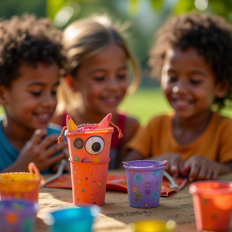 Adultos brincando com telefone de barbante e copos decorados.