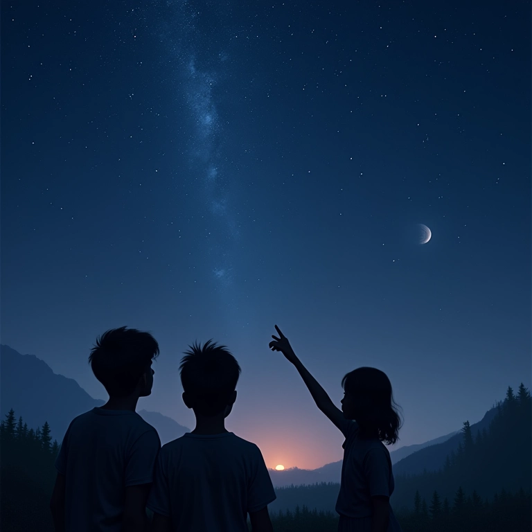 Adultos compartilhando histórias sob um céu estrelado, lembrando 'O Pequeno Príncipe'.