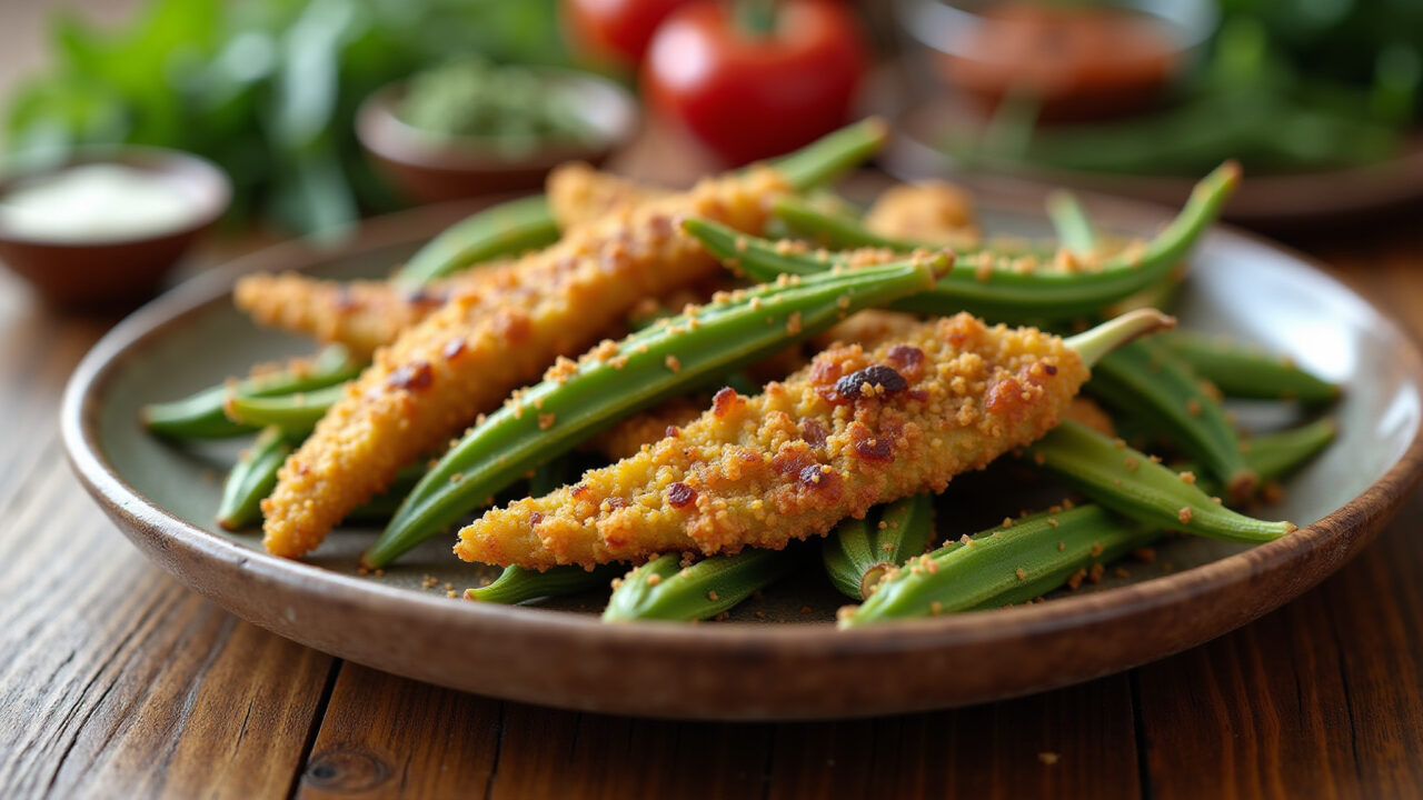 Air fryer okra, golden and crispy, on a rustic wooden plate, natural lighting, Brazilian kitchen Quiabo crocante feito na airfryer, pronto para servir.