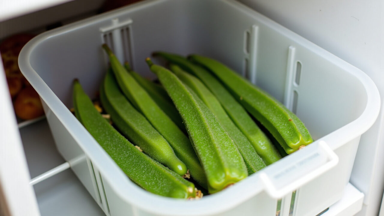 Air fryer okra in a sealed container in the refrigerator, kitchen background, natural light, 8K Quiabo na airfryer armazenado corretamente na geladeira.