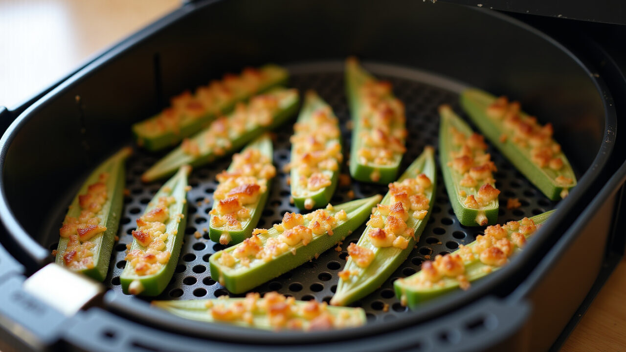 Airfryer crispy baked okra, golden brown, close-up shot, kitchen counter, natural light, commercial Quiabo na airfryer.