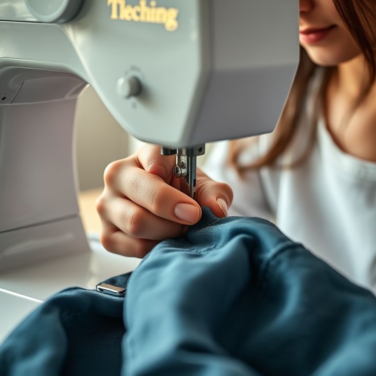 Ajustando a tensão da linha na máquina de costura para costurar jeans.