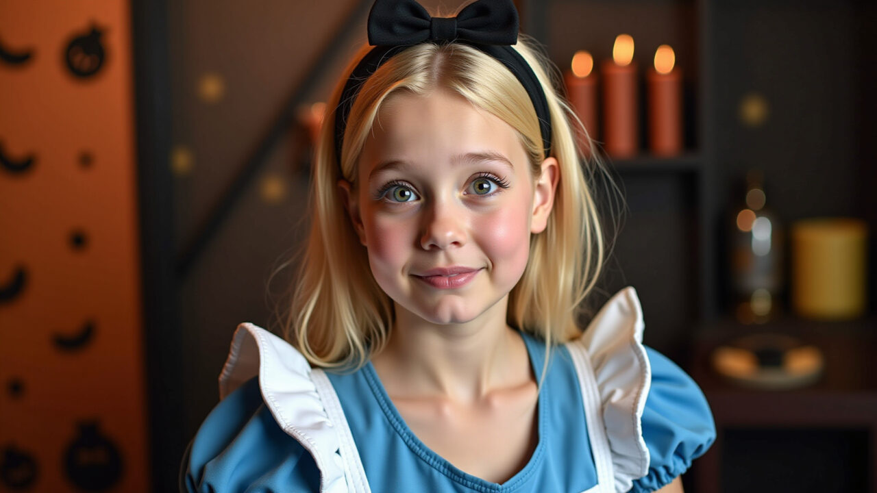Alice in Wonderland costume, blue dress, curious expression, Halloween party, whimsical setting, Alice no País das Maravilhas no Halloween.