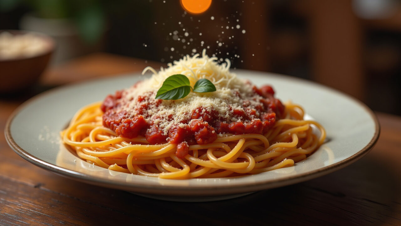 Almôndegas ao sugo, spaghetti, parmesan cheese, rustic italian food, cozy restaurant, 8k, Almôndegas ao sugo com espaguete.