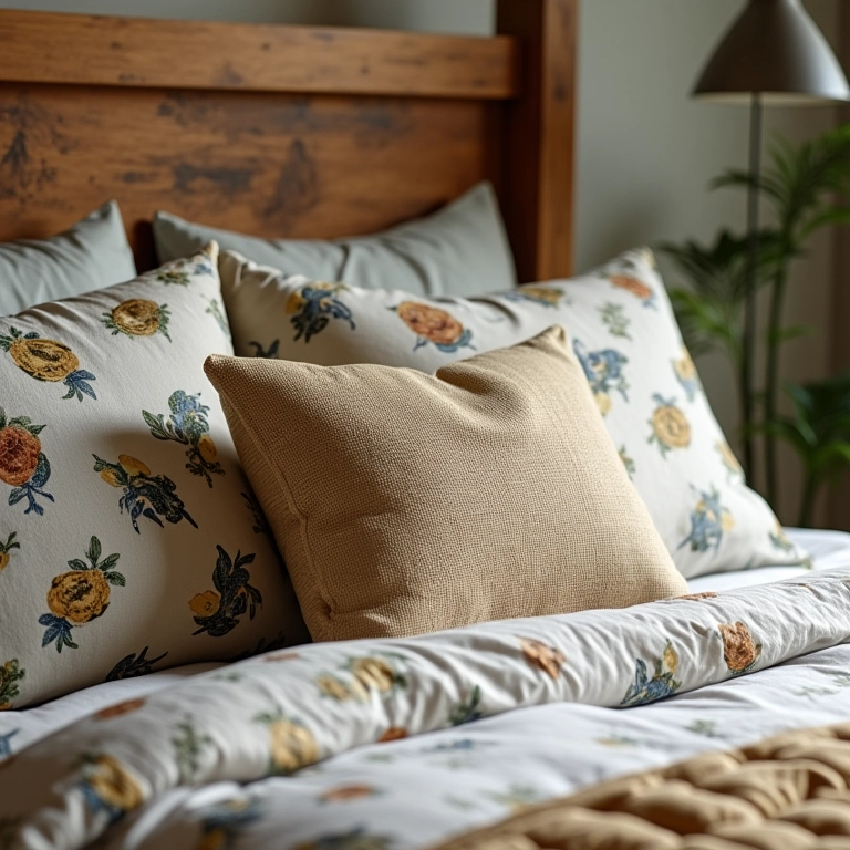 Almofada de nó finalizada decorando uma cama com lençóis estampados.
