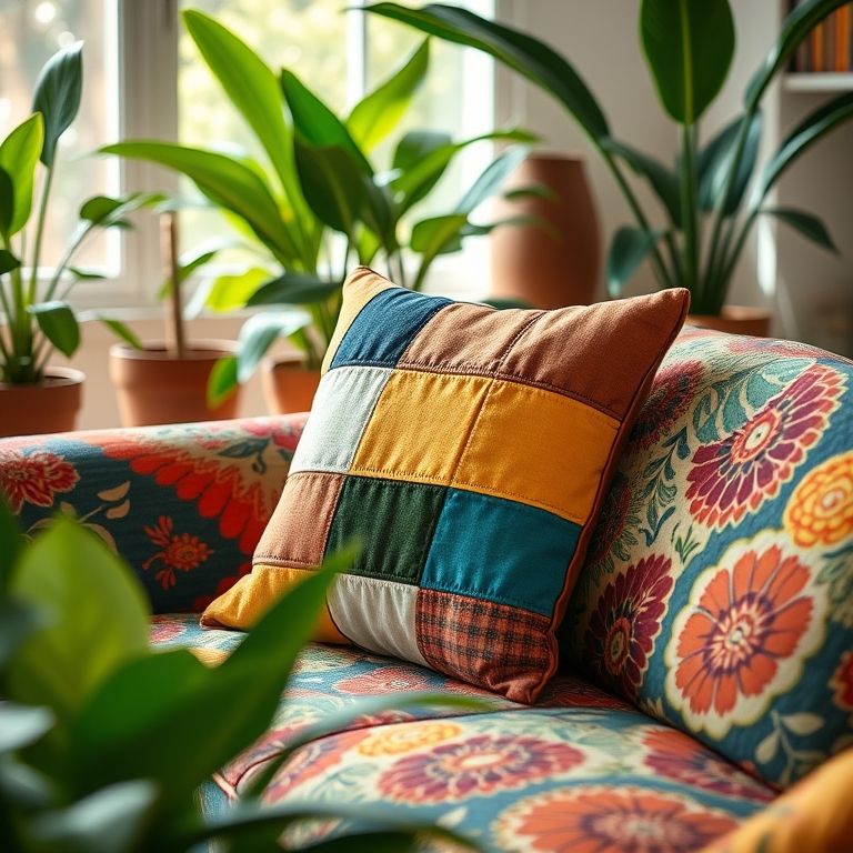 Almofada de patchwork artesanal em sofá vibrante.