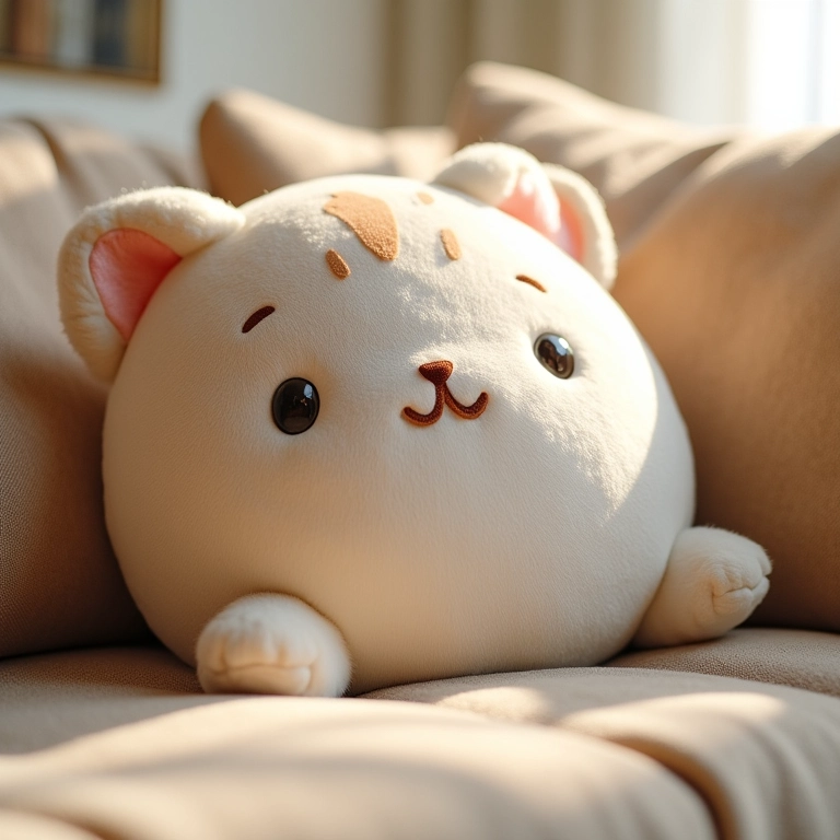 Almofada em formato de gatinho amigurumi decorando um sofá.