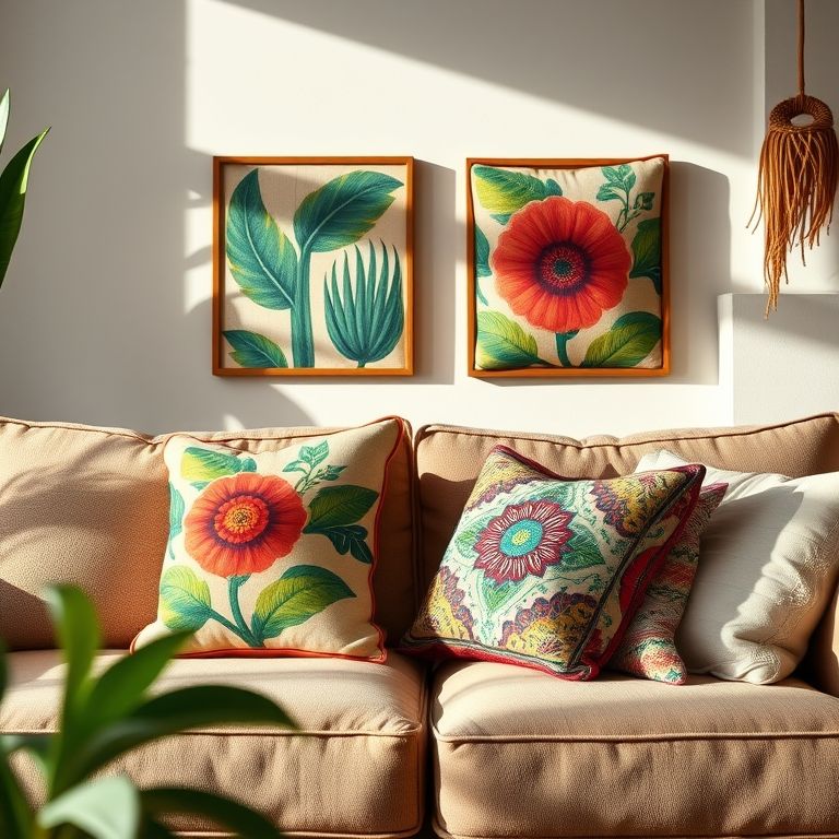 Almofadas decorativas com fuxicos em sala de estar aconchegante.