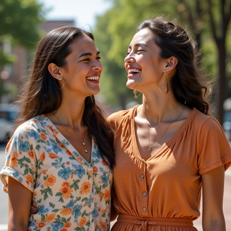 Amigas com cores complementares na roupa.