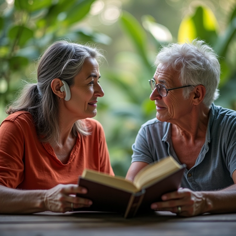 Amigos conversando sobre livros e inclusão.