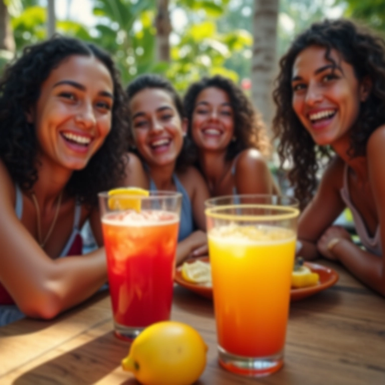 Amigos diversos brindando com mocktails de frutas em um café ao ar livre no Brasil.