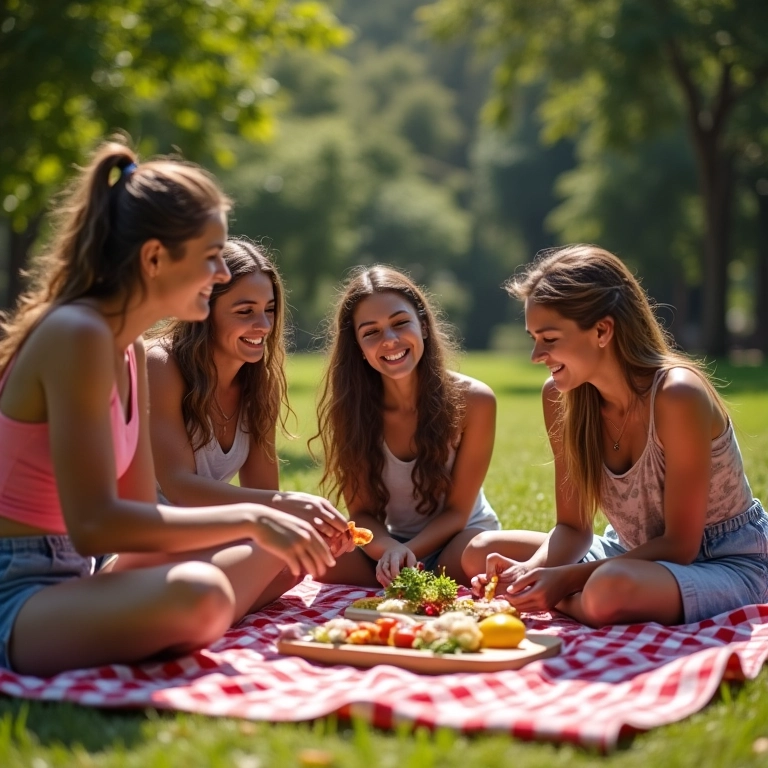Como Organizar um Piquenique Perfeito: Checklist e Ideias Amigos montando piquenique alegre em parque ensolarado.